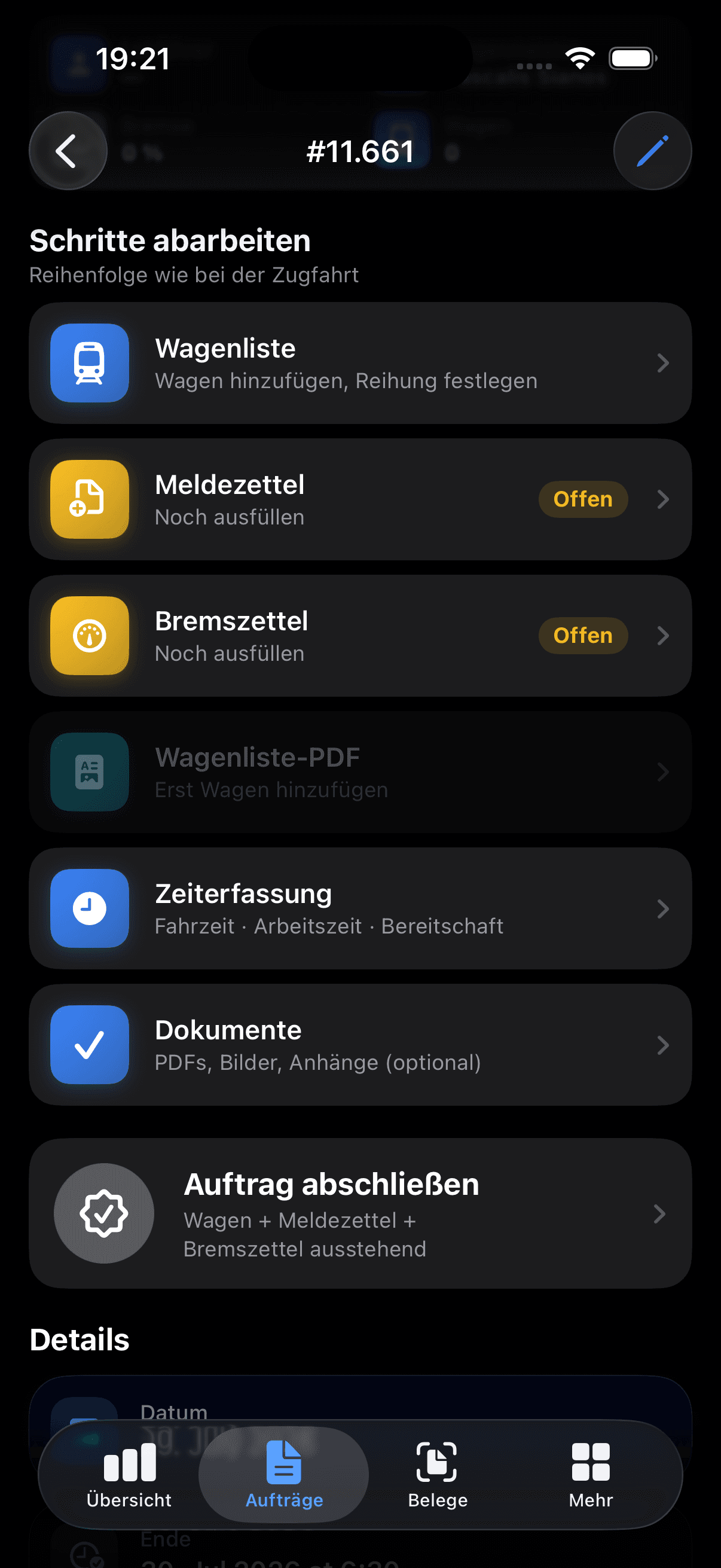 OnlinePlaner iOS — Auftrag-Detailansicht